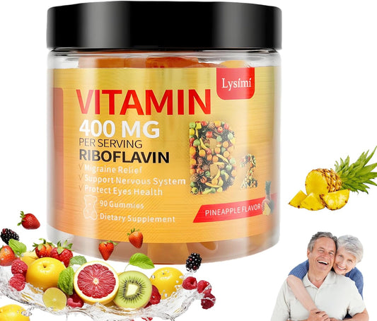 Riboflavin 400mg Gummies with Magnesium & CoQ10 - Energy & Nervous System Support - Pineapple Flavor - 90 Chewable Gummies