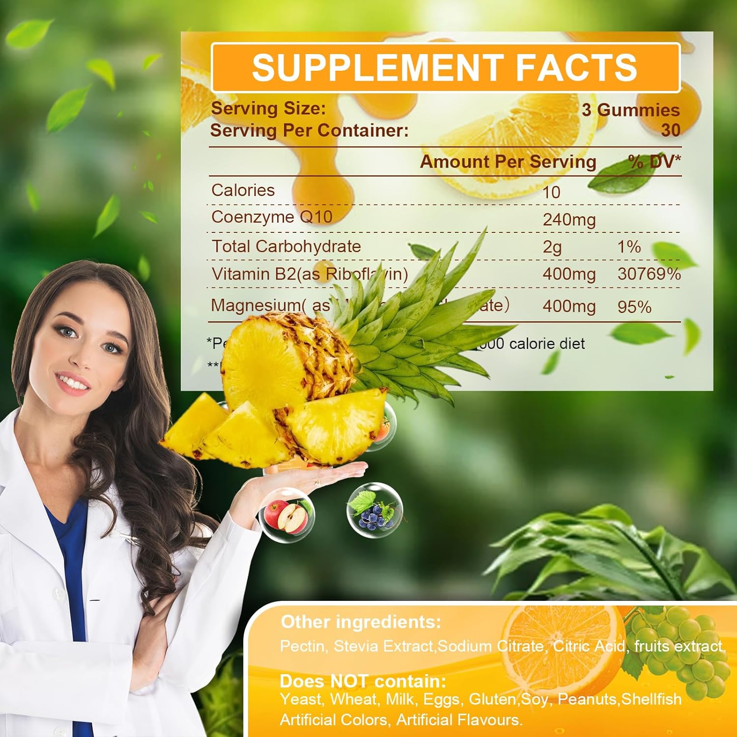 Riboflavin 400mg Gummies with Magnesium & CoQ10 - Energy & Nervous System Support - Pineapple Flavor - 90 Chewable Gummies