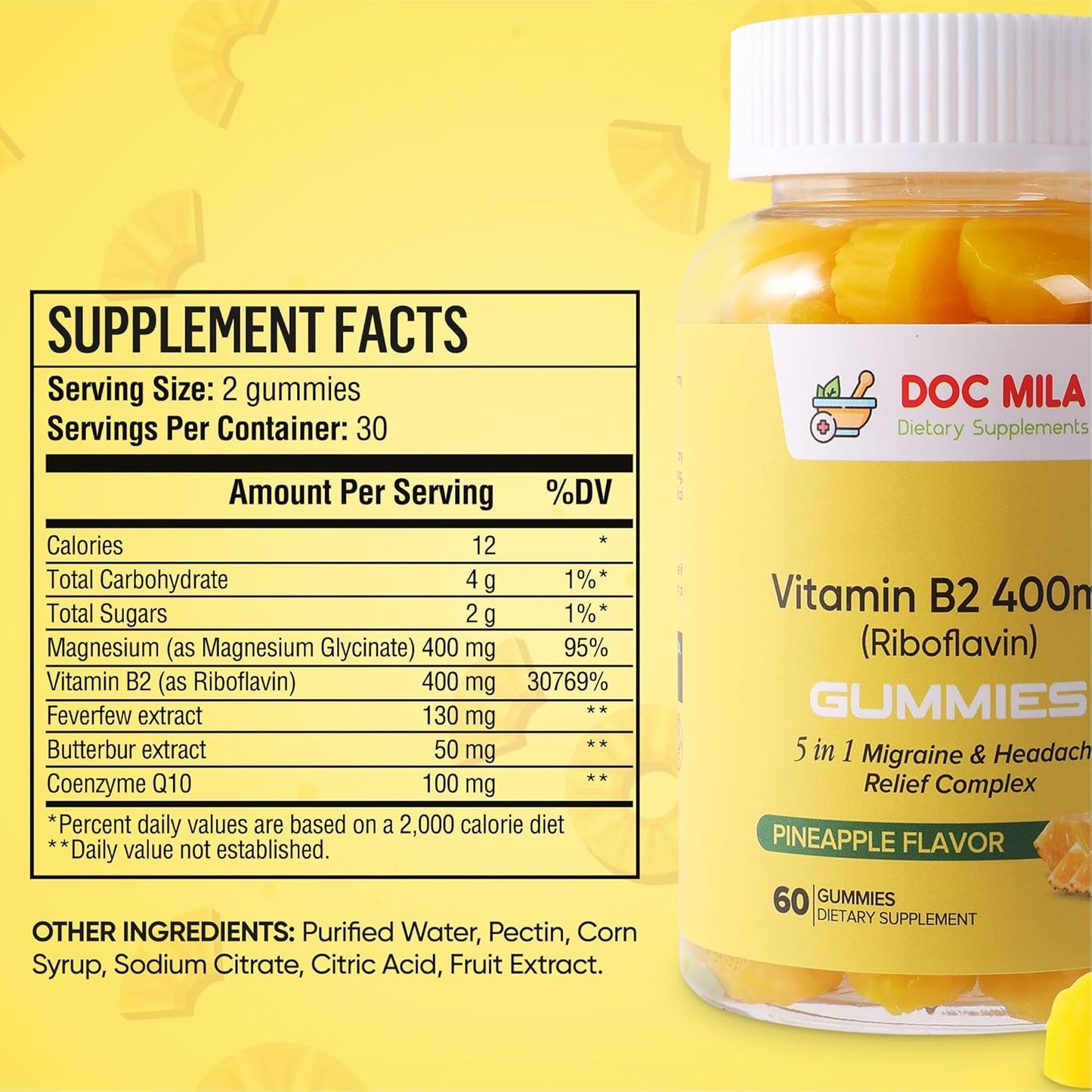 Riboflavin Gummies with CoQ10 and Vitamin C - Migraine Relief Supplement for Adults and Kids - Pineapple Flavor - 400mg