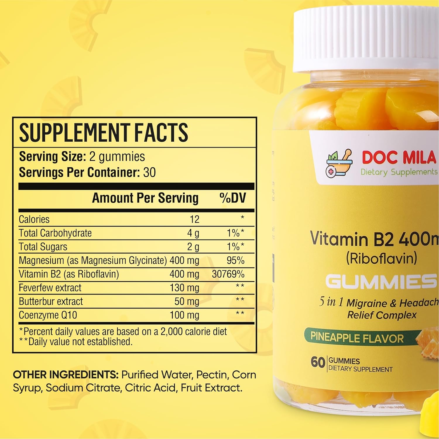 Riboflavin Gummies with CoQ10 and Vitamin C - Migraine Relief Supplement for Adults and Kids - Pineapple Flavor - 400mg