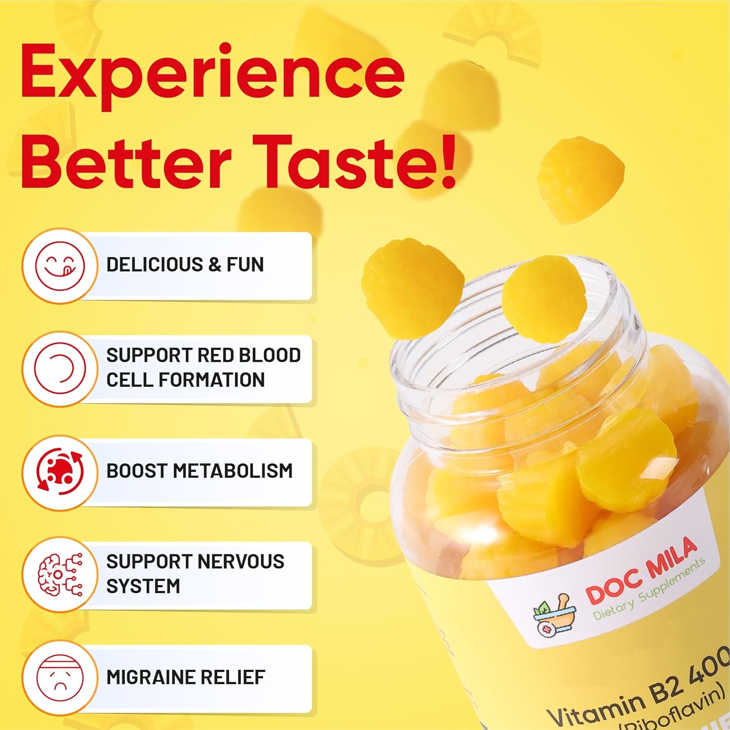 Riboflavin Gummies with CoQ10 and Vitamin C - Migraine Relief Supplement for Adults and Kids - Pineapple Flavor - 400mg