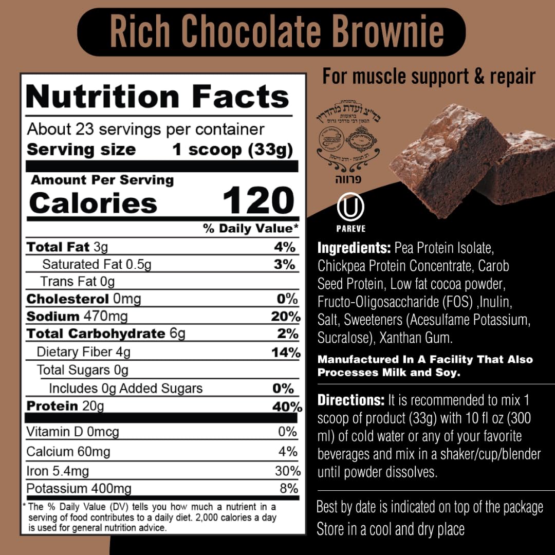 Rich Chocolate Brownie Flavored Plant Protein Powder Mix - Gluten Free, Vegan, Highly Kosher - 20g Protein, 2.4g BCAA - 1.65lb