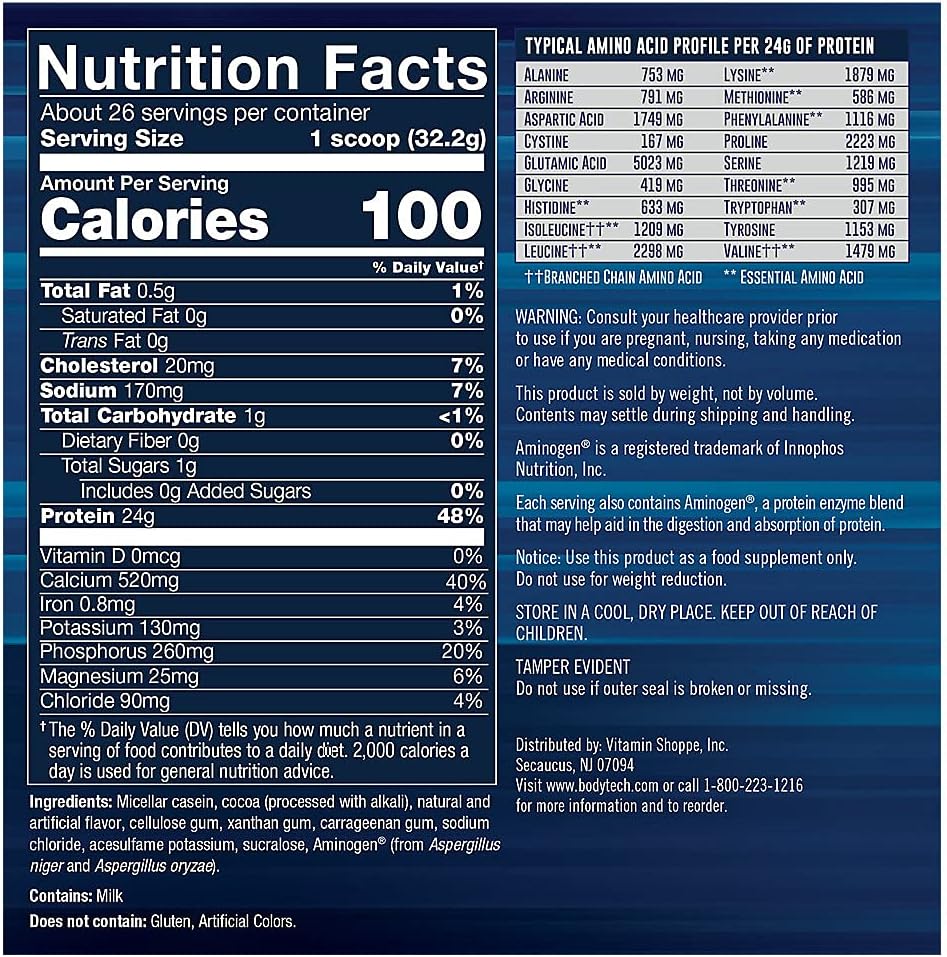 Rich Chocolate Micellar Casein Protein Powder - 24g Protein per Serving - Slow Release for Overnight Muscle Recovery - BodyTech - 2lb