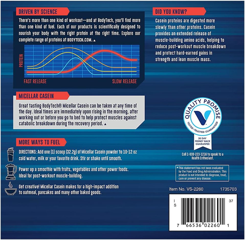 Rich Chocolate Micellar Casein Protein Powder - 24g Protein per Serving - Slow Release for Overnight Muscle Recovery - BodyTech - 2lb