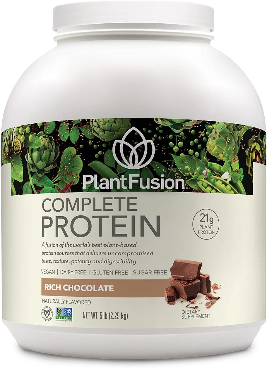 Rich Chocolate PlantFusion Complete Vegan Protein Powder - 5 lb - Plant Based Protein with BCAAs, Digestive Enzymes, and Pea Protein - Keto, Gluten Free, Soy Free, Non-Dairy, Non-GMO