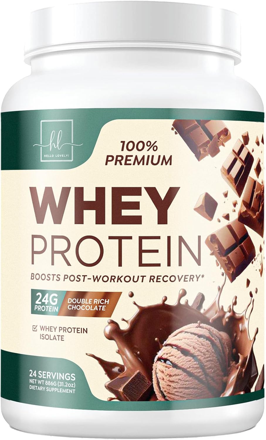 Rich Double Chocolate Whey Isolate Protein Powder - 24g Protein & BCAAs for Muscle Growth & Recovery - Gluten Free, Fast Absorbing - 24 Servings