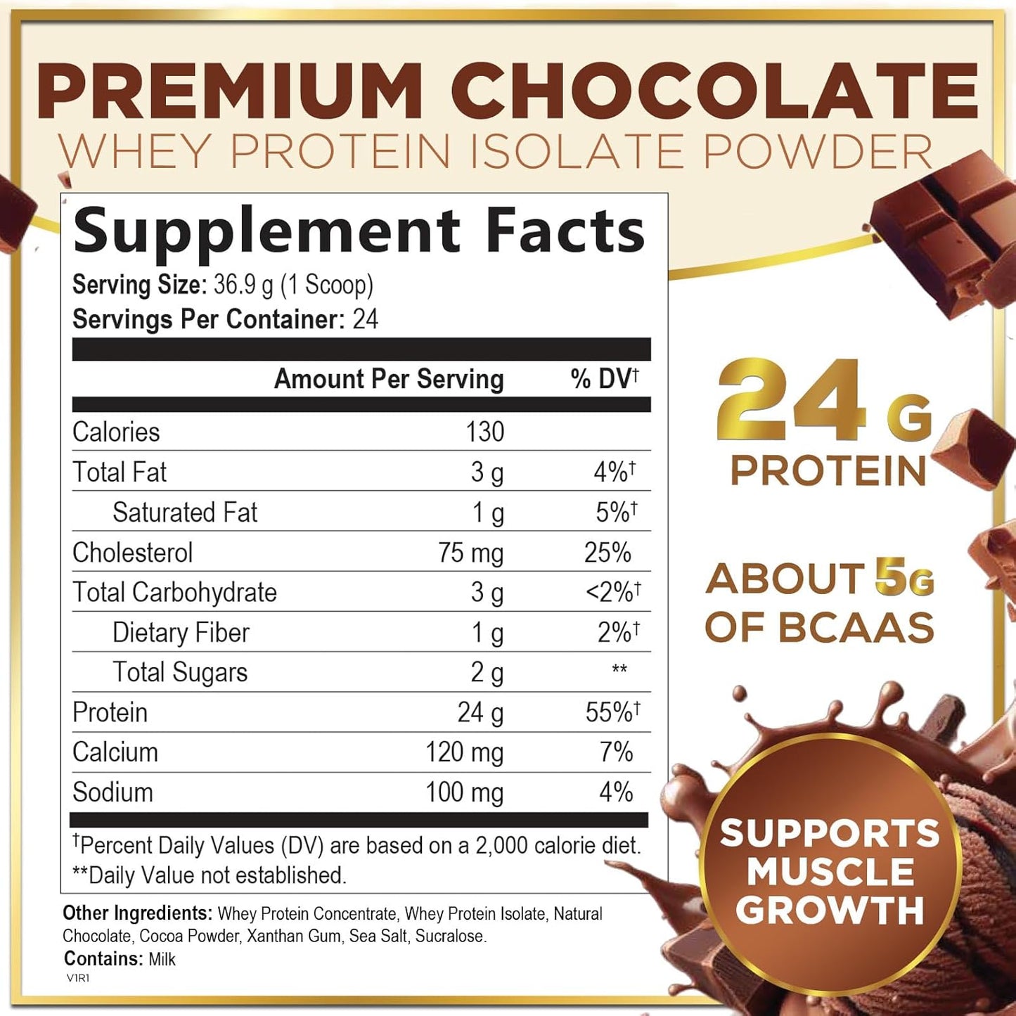 Rich Double Chocolate Whey Isolate Protein Powder - 24g Protein & BCAAs for Muscle Growth & Recovery - Gluten Free, Fast Absorbing - 24 Servings