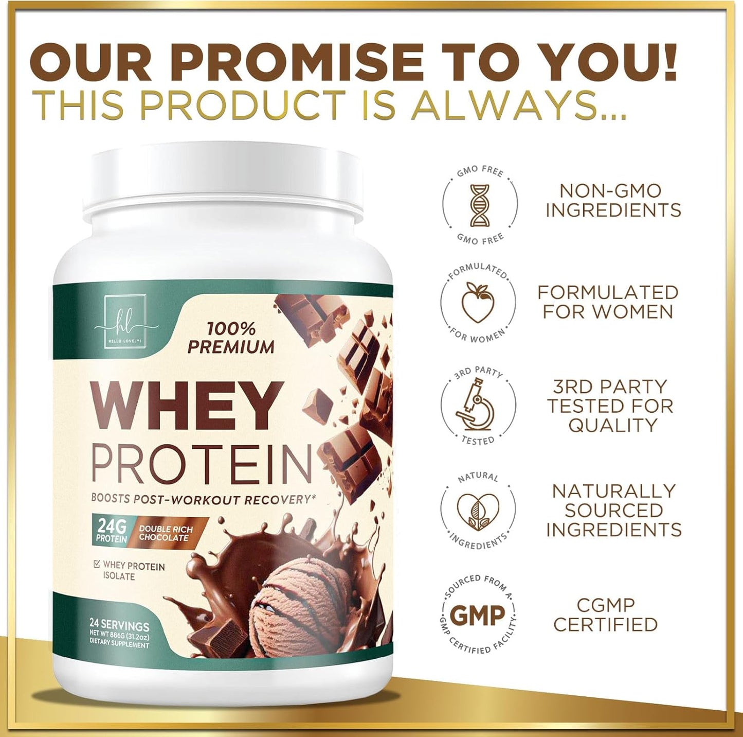 Rich Double Chocolate Whey Isolate Protein Powder - 24g Protein & BCAAs for Muscle Growth & Recovery - Gluten Free, Fast Absorbing - 24 Servings