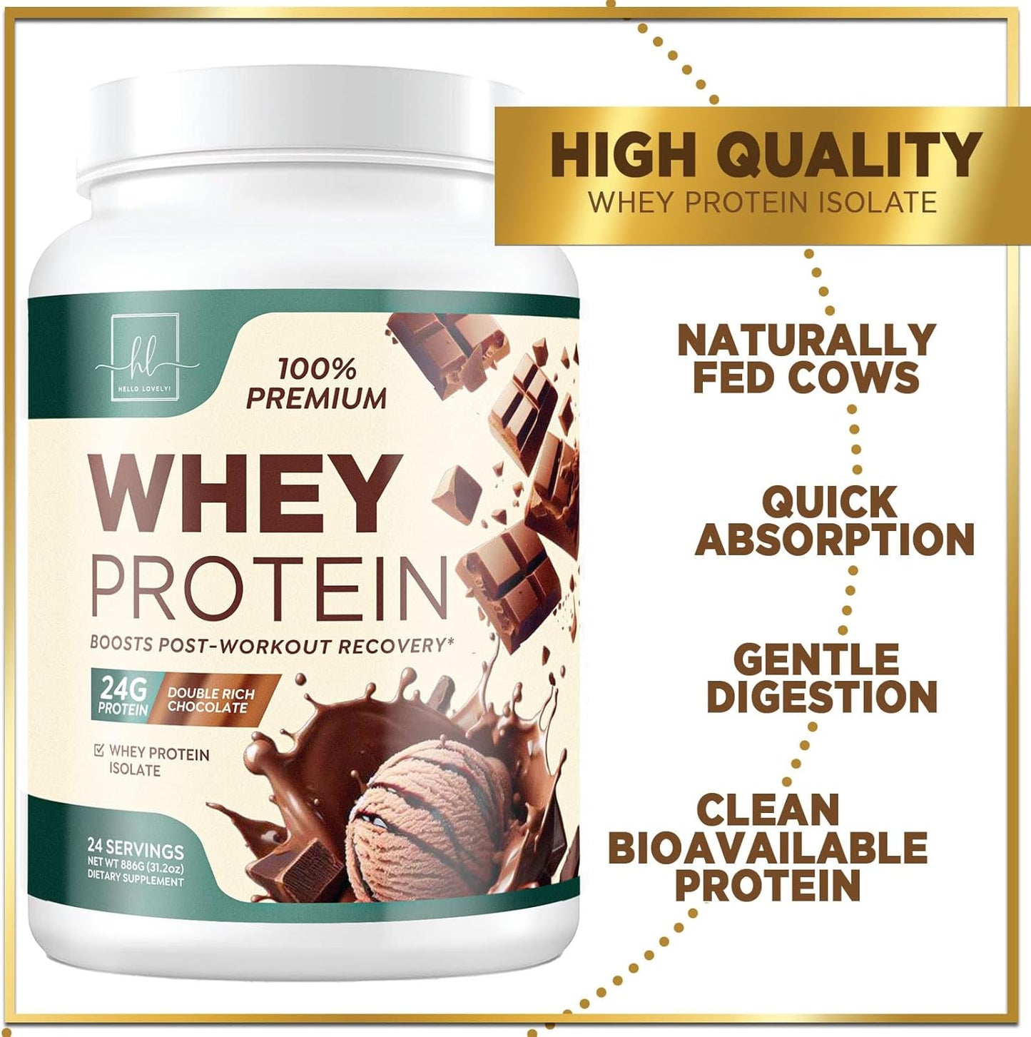 Rich Double Chocolate Whey Isolate Protein Powder - 24g Protein & BCAAs for Muscle Growth & Recovery - Gluten Free, Fast Absorbing - 24 Servings