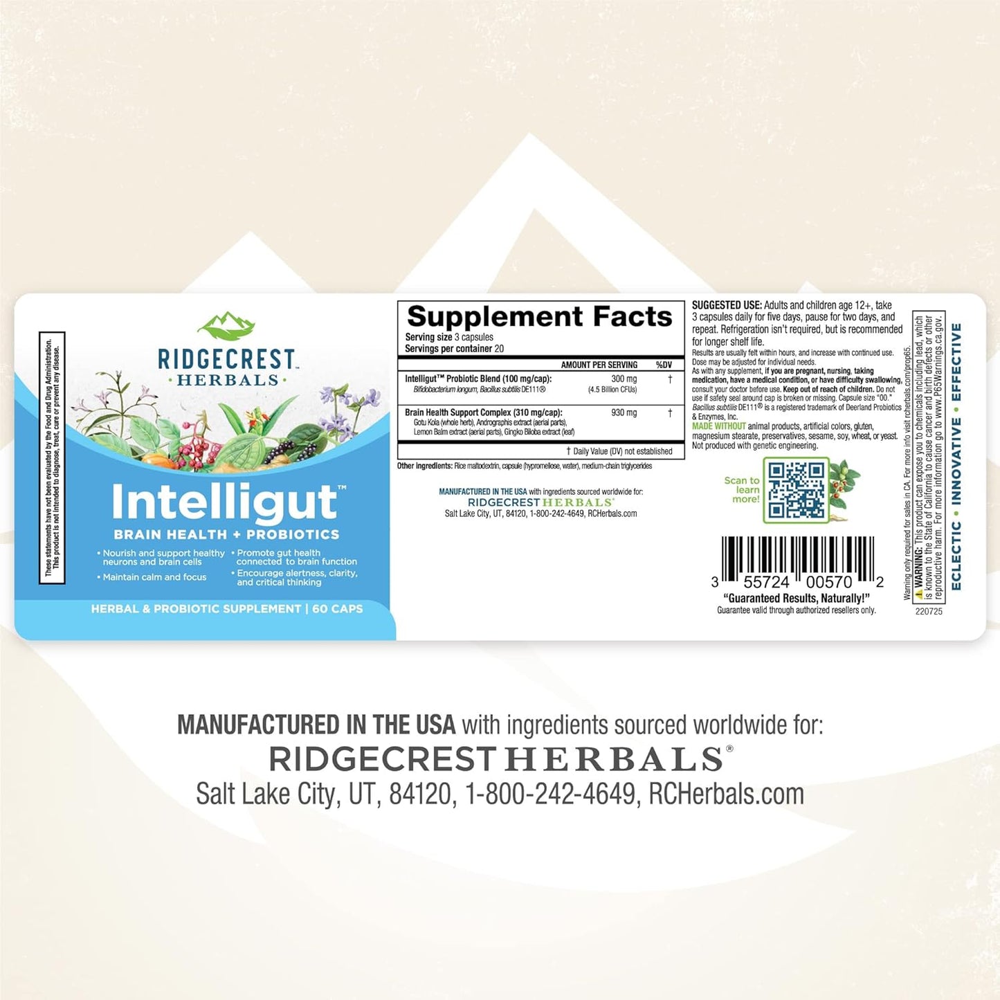 RidgeCrest Herbals Intelligut: Memory and Focus Supplement with Ginkgo Biloba, Lemon Balm Extract, Probiotics - 60 Vegan Capsules