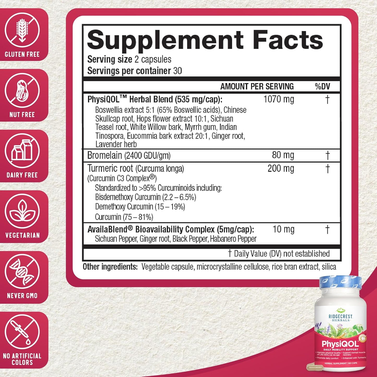 Ridgecrest Herbals PhysiQOL Herbal Supplement Capsules with Boswellia & Turmeric - 60 Vegan Capsules, 30 Servings