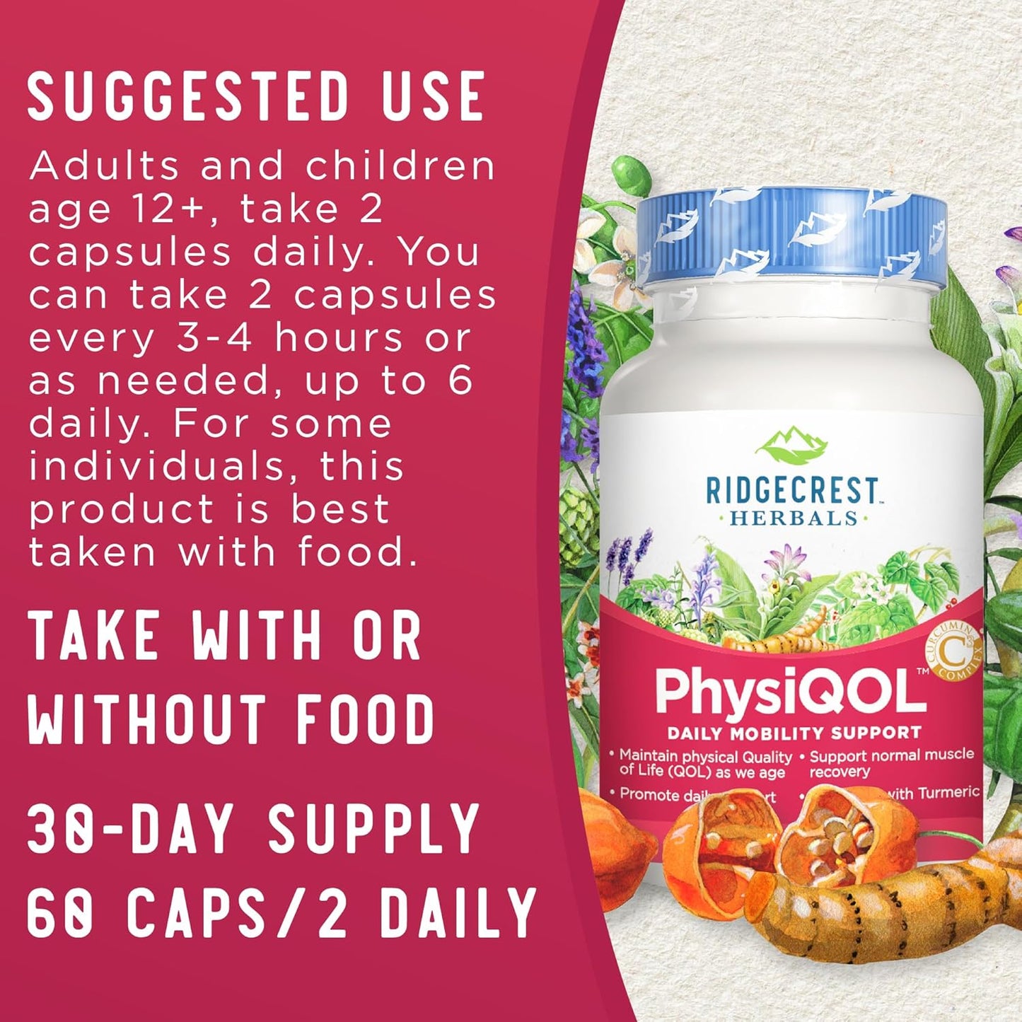 Ridgecrest Herbals PhysiQOL Herbal Supplement Capsules with Boswellia & Turmeric - 60 Vegan Capsules, 30 Servings