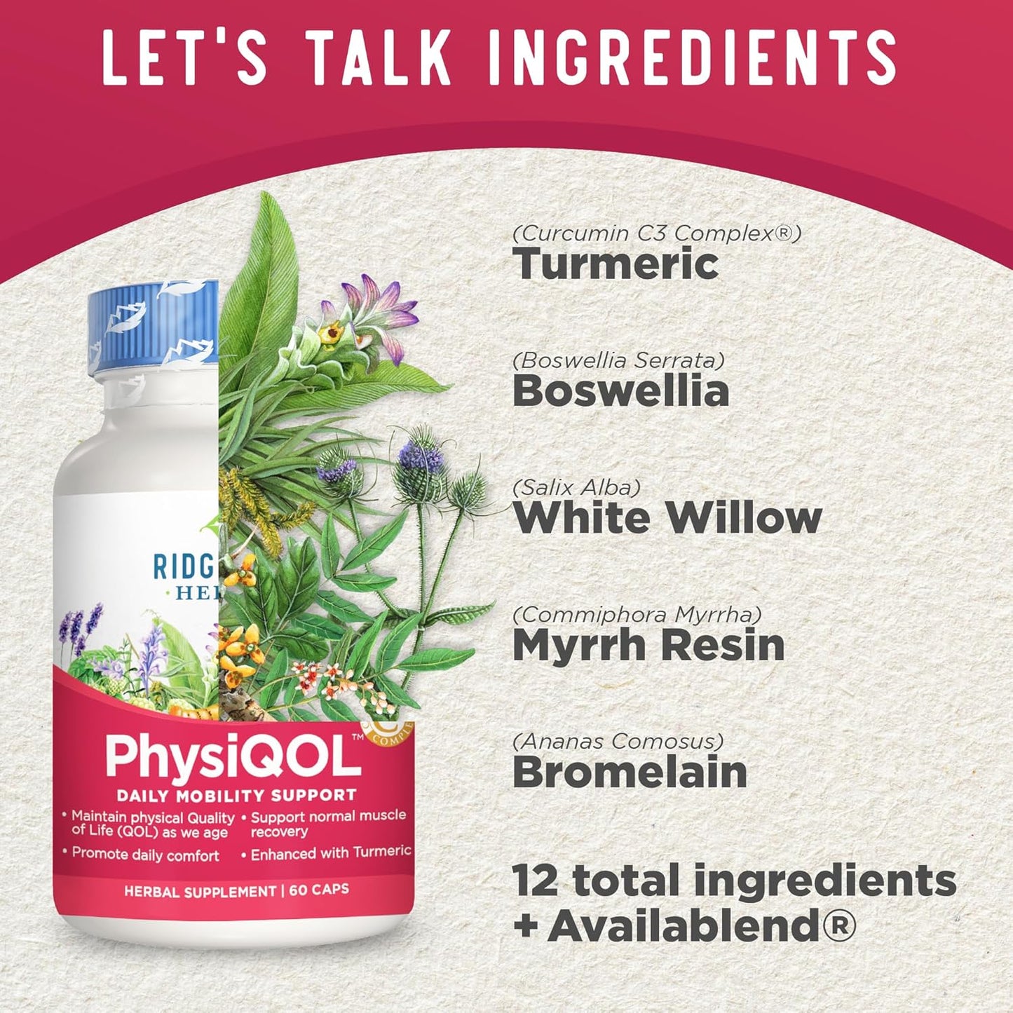 Ridgecrest Herbals PhysiQOL Herbal Supplement Capsules with Boswellia & Turmeric - 60 Vegan Capsules, 30 Servings