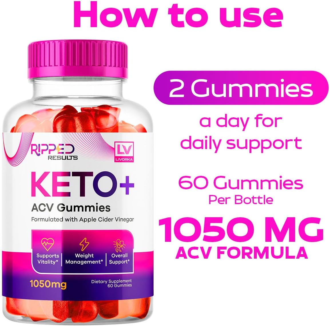 Ripped Results Keto Gummies 2 Pack - 120 Gummies, 1050 MG, ACV Infused - 2 Months Supply