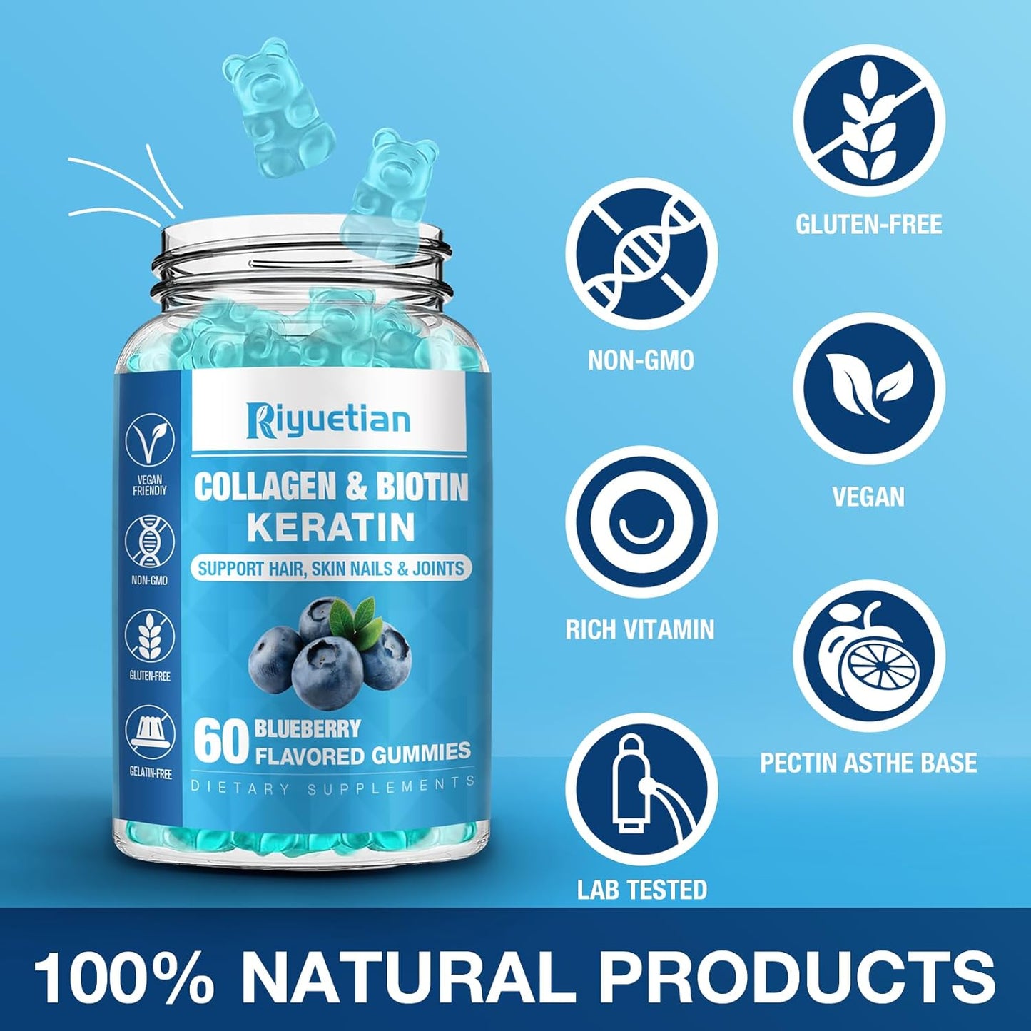 Riyuetian Biotin and Collagen Gummies for Hair, Skin, and Nails - 60 Vegan Gummies for Women and Men - Non-GMO Hair Vitamins with 15000mcg Biotin