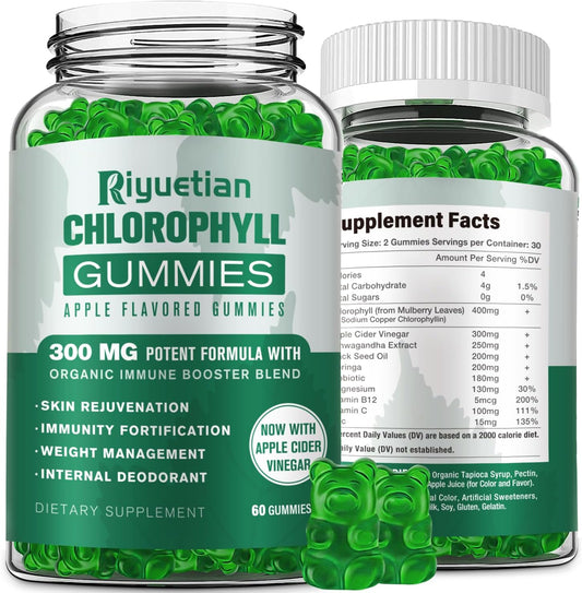 Riyuetian Vegan Chlorophyll Gummies with ACV, Sea Moss, Elderberry, Echinacea - Energy Boost, Immune Support, Natural Deodorant - 60 Gummies