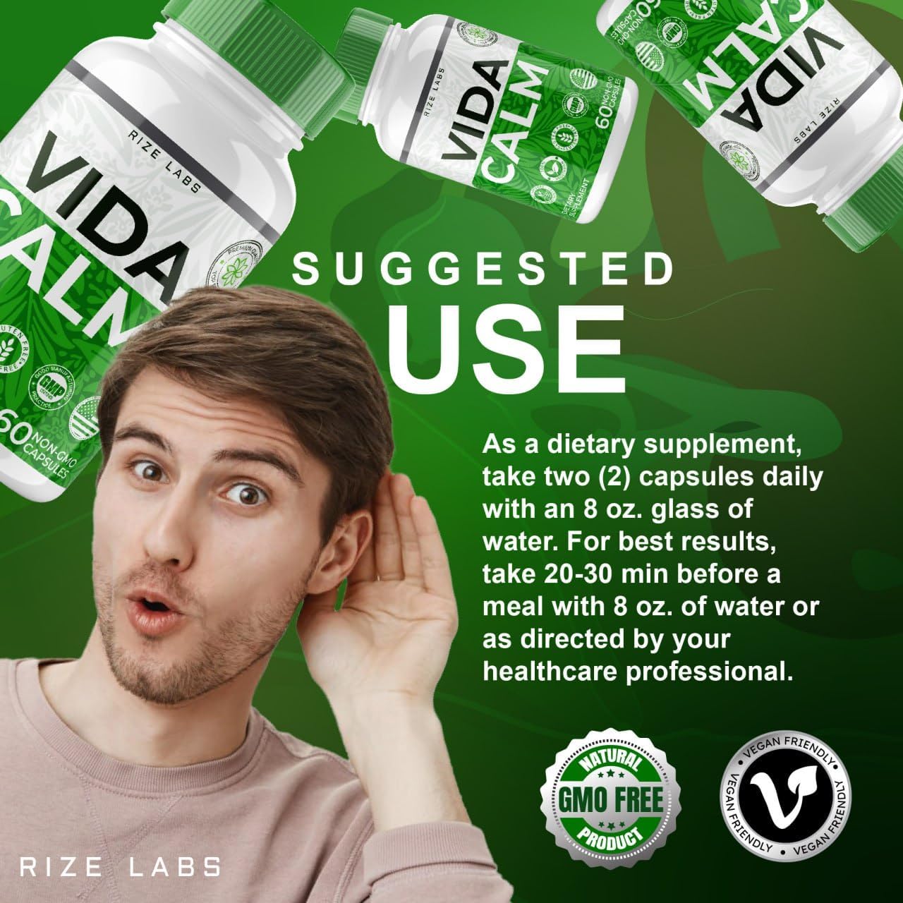 Rize Labs Vida Calm Capsules - Advanced Formula for Stress Relief & Relaxation - Maximum Strength Supplement (120 Caps)