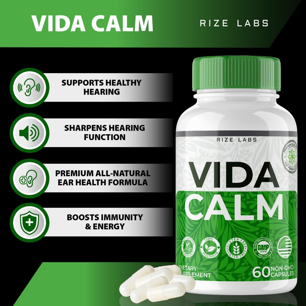 Rize Labs Vida Calm Capsules - Advanced Formula for Stress Relief & Relaxation - Maximum Strength Supplement (120 Caps)