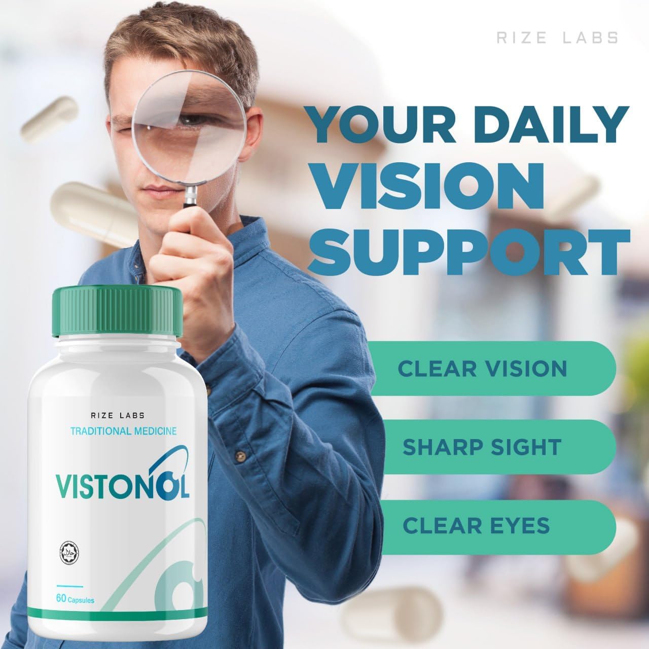 rize labs Vistonol Vision Supplement 3 Pack - All-Natural Capsules for Rapid Vision Improvement & Focus - Supports Healthy Eye Functions (180 Capsules)
