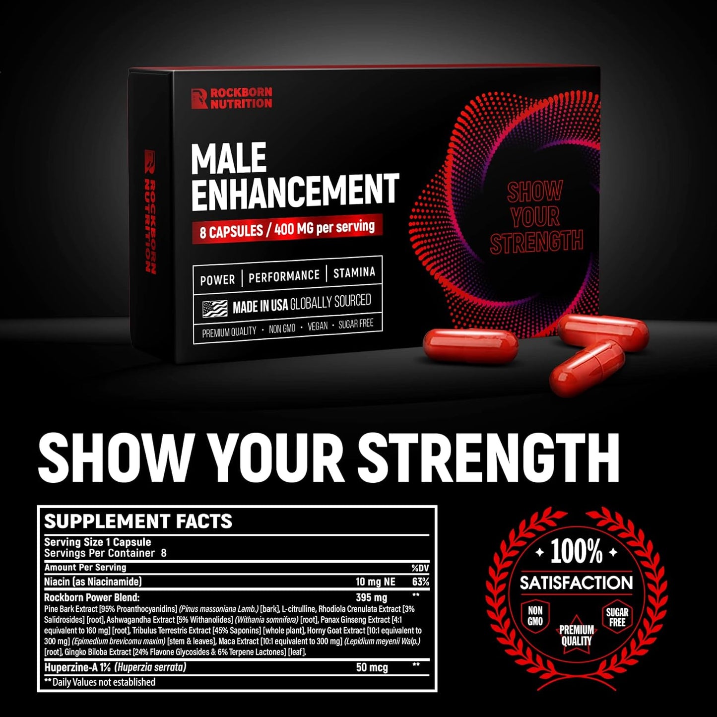 Rockborn Herbal Supplement for Men's Health with Horny Goat Weed & Tribulus Terrestris - 8 Capsules - Made in USA