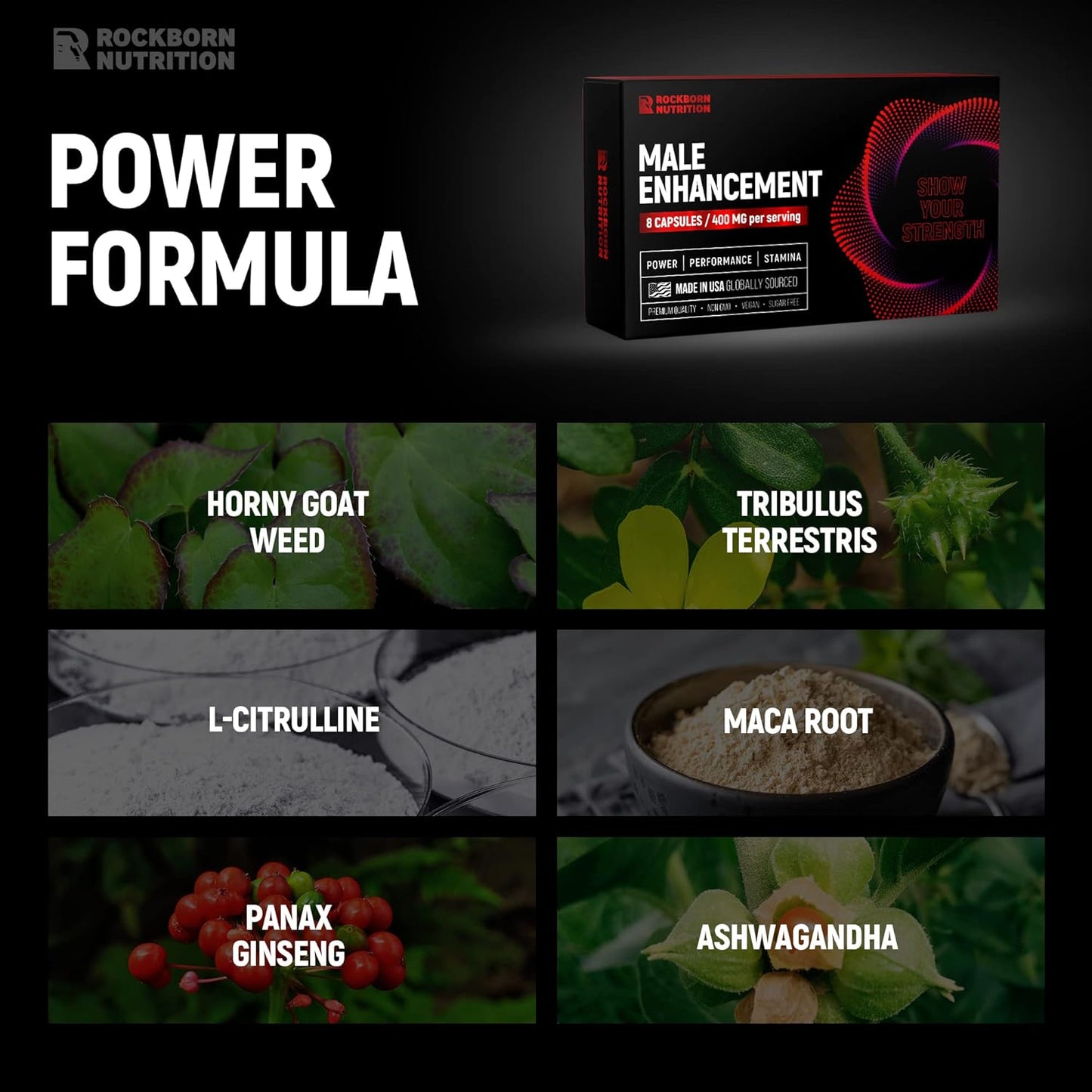 Rockborn Herbal Supplement for Men's Health with Horny Goat Weed & Tribulus Terrestris - 8 Capsules - Made in USA