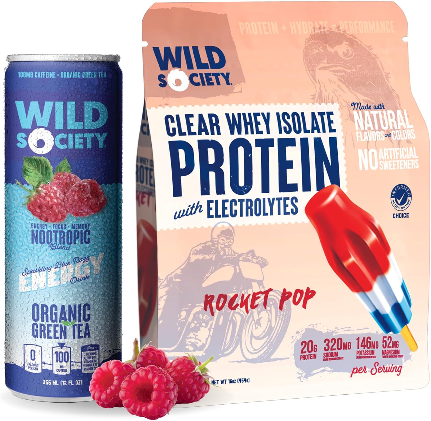 Rocket Pop Clear Whey Isolate + Blue Razz Energy Drink Combo - Boost Your Energy with Wild Society's Super Duo