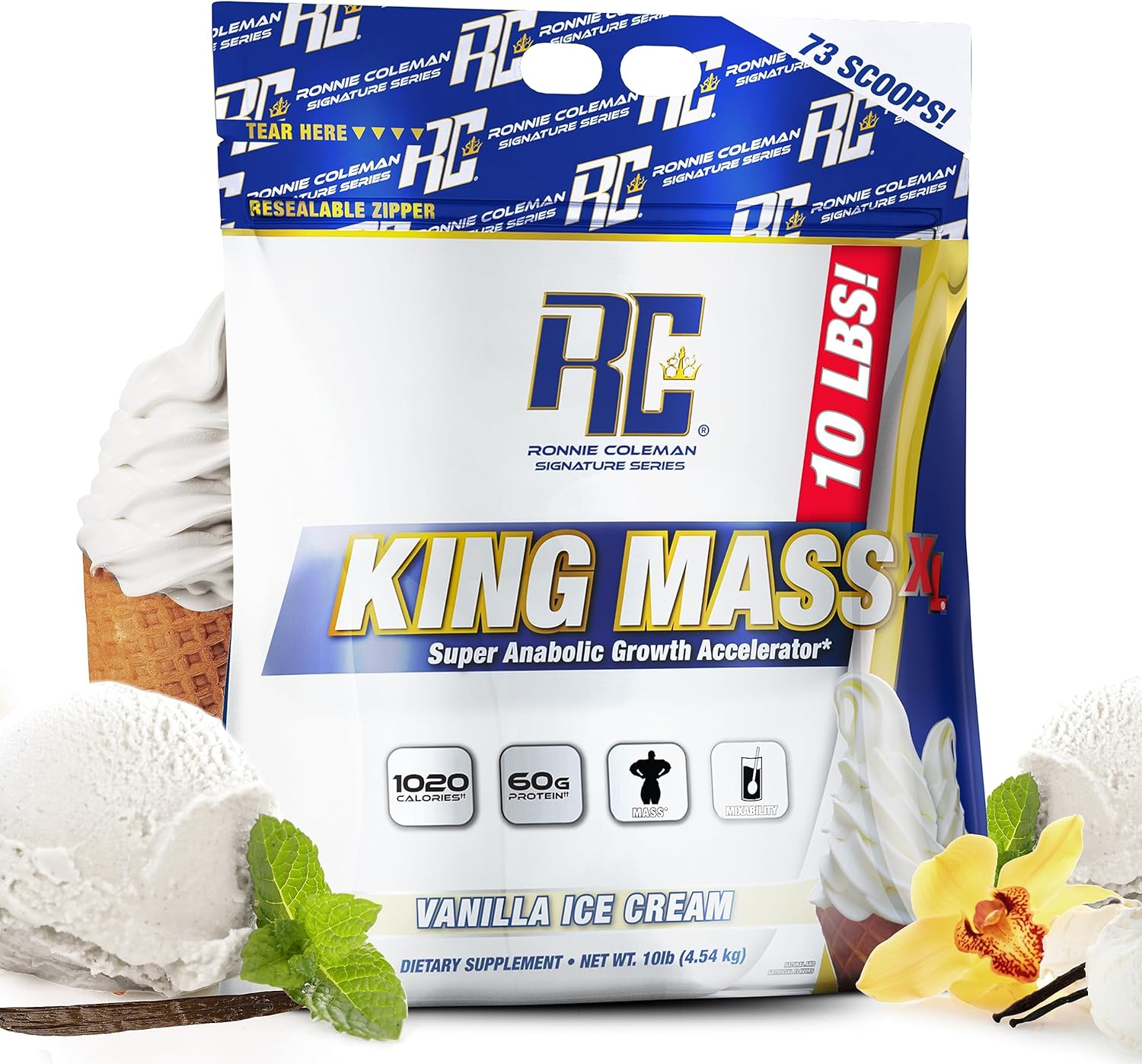 Ronnie Coleman King Mass XL Mass Gainer Protein Powder, 60g Protein, 180g Carbs, 1000+ Calories, Creatine & Glutamine, Vanilla, 10 lbs
