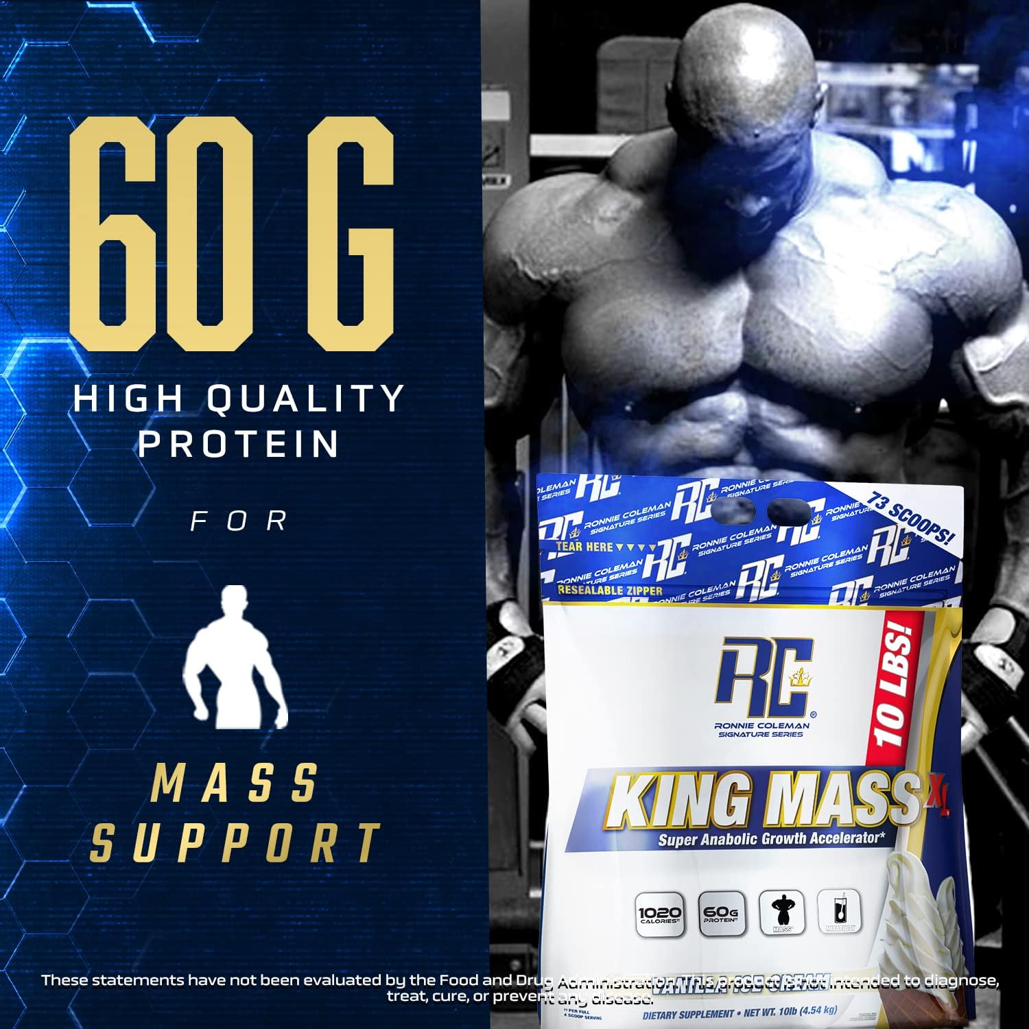 Ronnie Coleman King Mass XL Mass Gainer Protein Powder, 60g Protein, 180g Carbs, 1000+ Calories, Creatine & Glutamine, Vanilla, 10 lbs