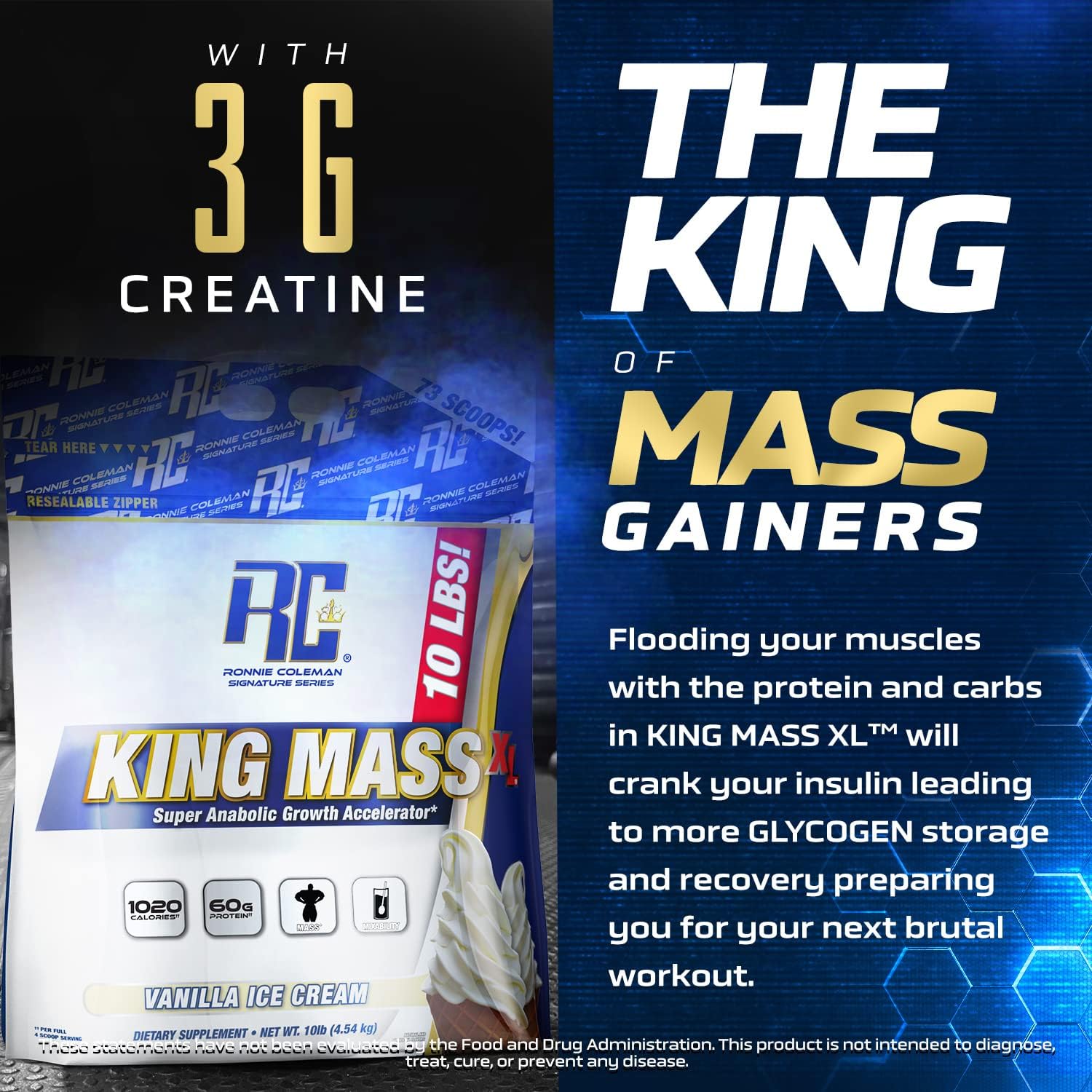 Ronnie Coleman King Mass XL Mass Gainer Protein Powder, 60g Protein, 180g Carbs, 1000+ Calories, Creatine & Glutamine, Vanilla, 10 lbs