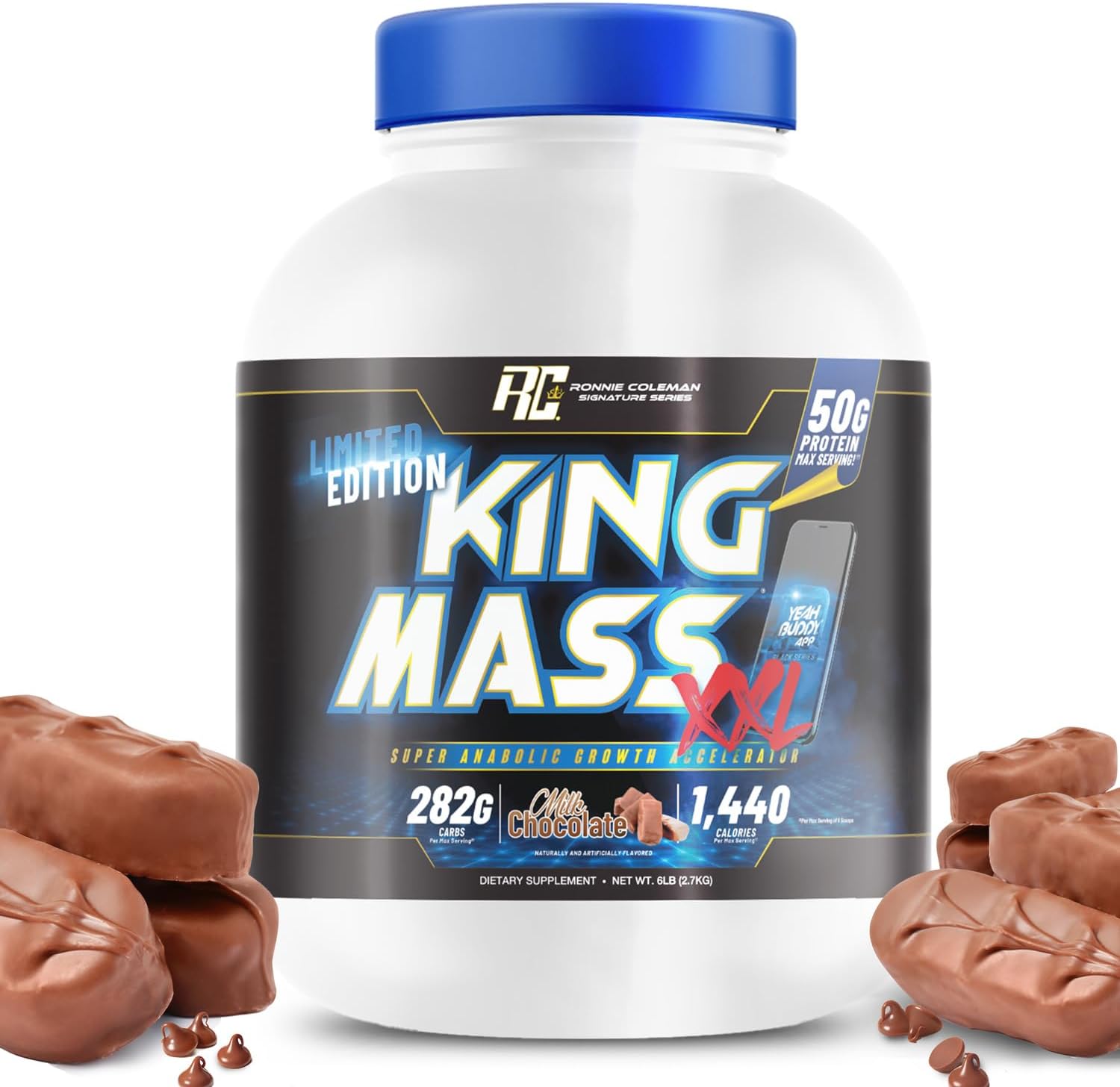 Ronnie Coleman King Mass XXL Mass Gainer Protein Powder - 50g Protein, 285g Carbs, 1400+ Calories, Creatine & Glutamine - 6lb Chocolate Flavor