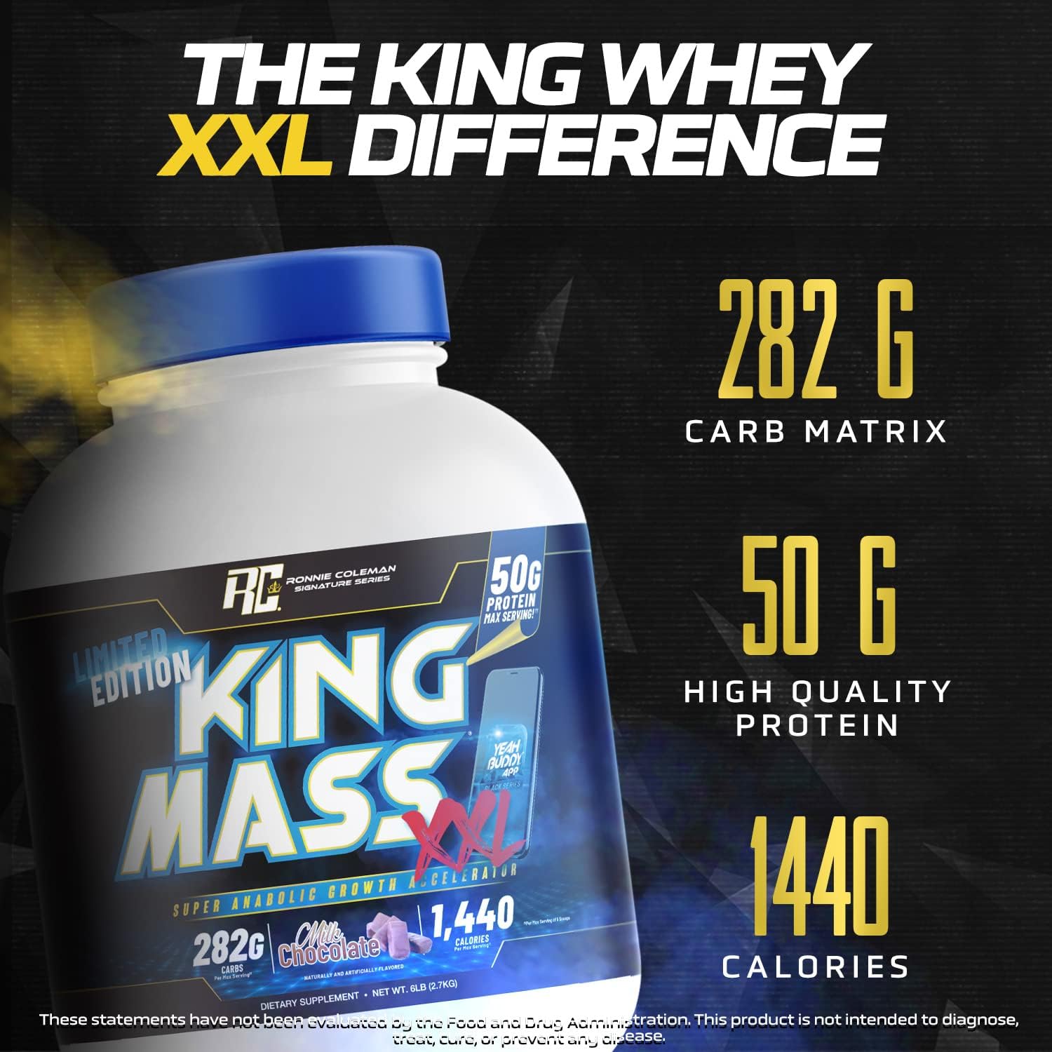 Ronnie Coleman King Mass XXL Mass Gainer Protein Powder - 50g Protein, 285g Carbs, 1400+ Calories, Creatine & Glutamine - 6lb Chocolate Flavor