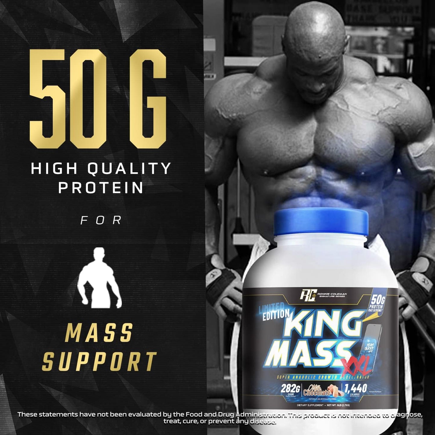 Ronnie Coleman King Mass XXL Mass Gainer Protein Powder - 50g Protein, 285g Carbs, 1400+ Calories, Creatine & Glutamine - 6lb Chocolate Flavor