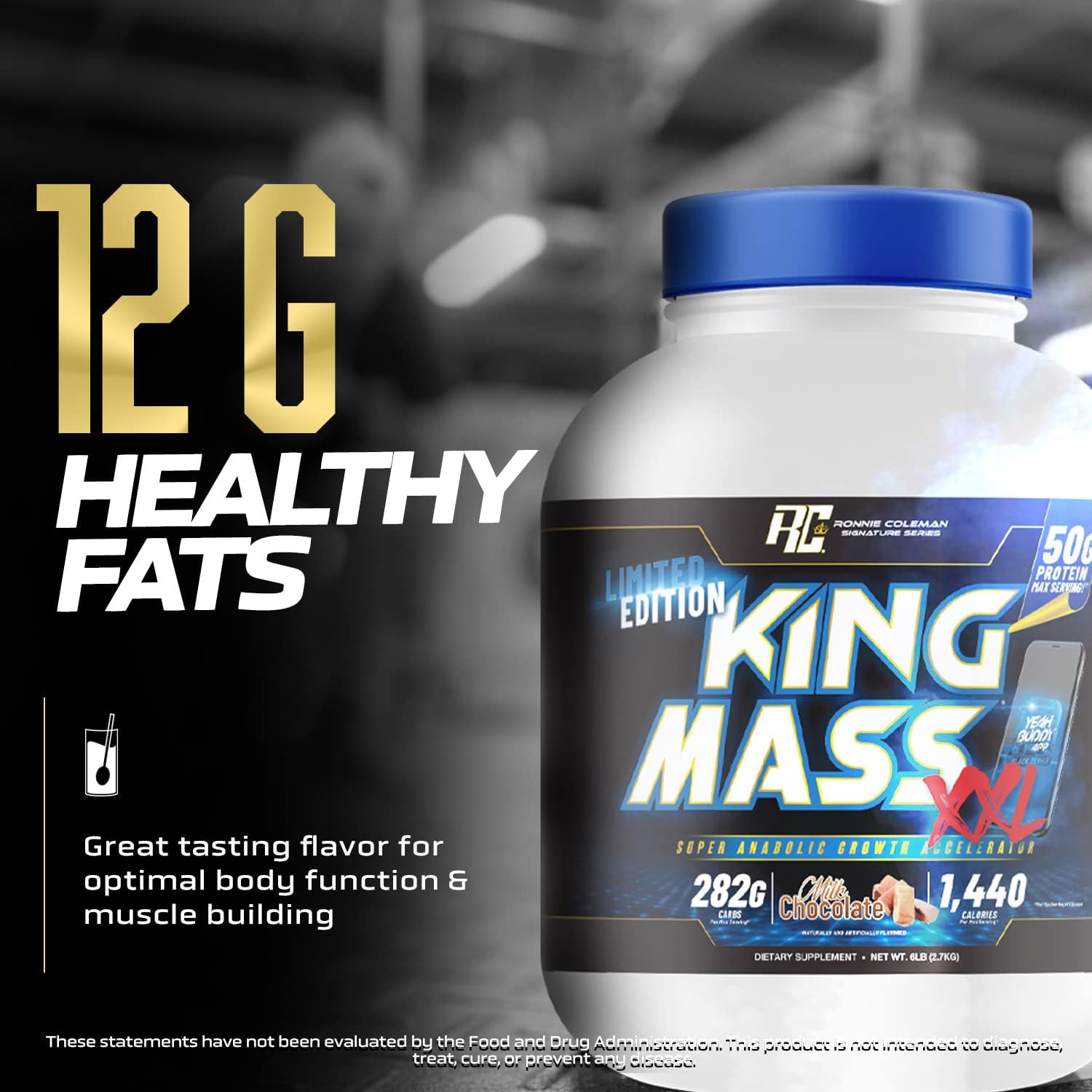 Ronnie Coleman King Mass XXL Mass Gainer Protein Powder - 50g Protein, 285g Carbs, 1400+ Calories, Creatine & Glutamine - 6lb Chocolate Flavor