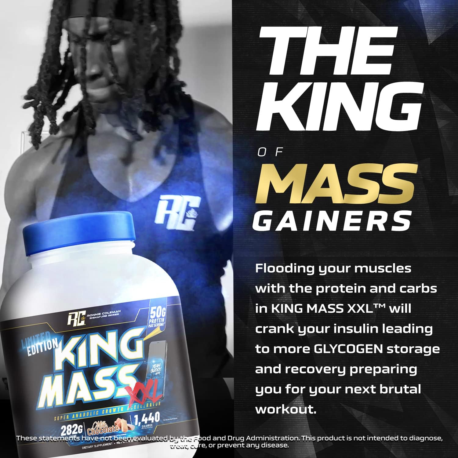 Ronnie Coleman King Mass XXL Mass Gainer Protein Powder - 50g Protein, 285g Carbs, 1400+ Calories, Creatine & Glutamine - 6lb Chocolate Flavor