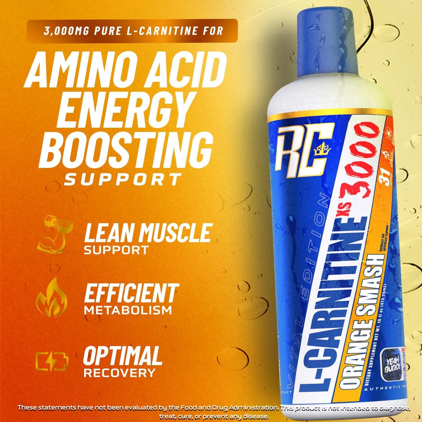 Ronnie Coleman L-Carnitine XS 3000 Liquid - Amino Acid Metabolism Support for Lean Muscle Strength - Orange Smash 16 Oz
