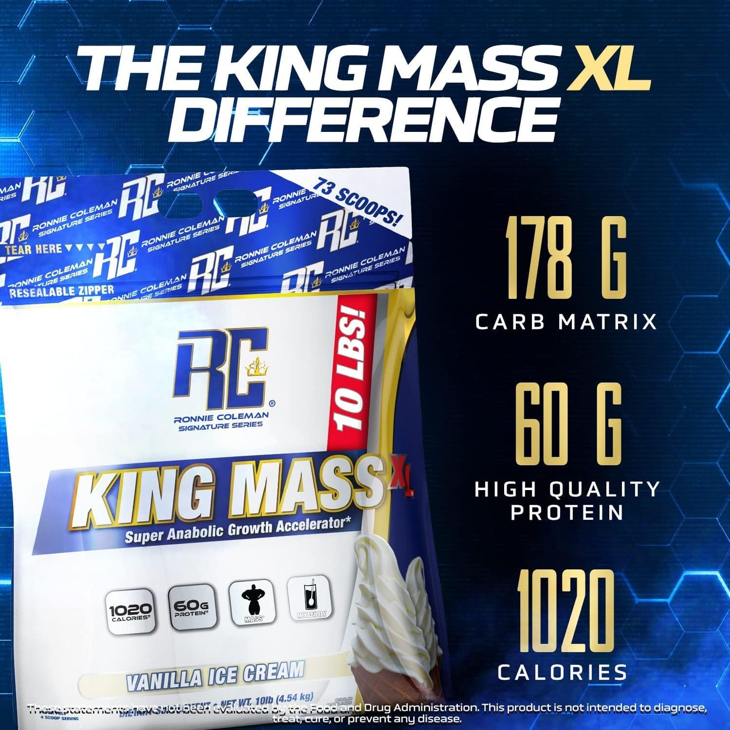 Ronnie Coleman Signature Series King Mass XL Mass Gainer Protein Powder, 10lb, Dark Chocolate, High Protein, High Calorie, Creatine & Glutamine