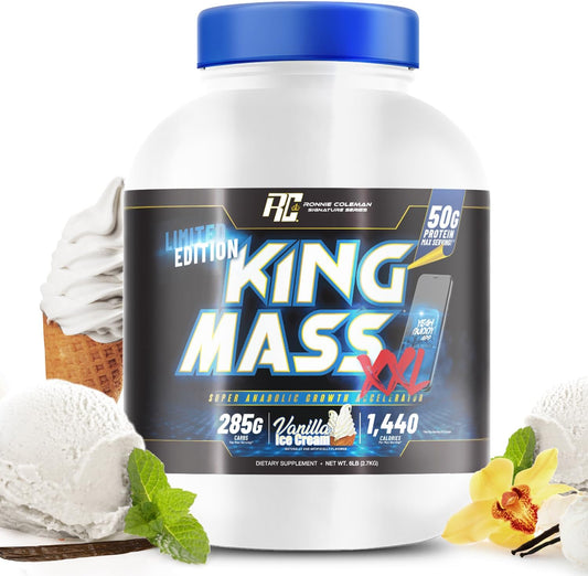 Ronnie Coleman Signature Series King Mass XXL Protein Powder - Muscle Gainer with 50g Protein, 285g Carbs, 1,400+ Calories, Creatine & Glutamine - 6lb Vanilla Flavor