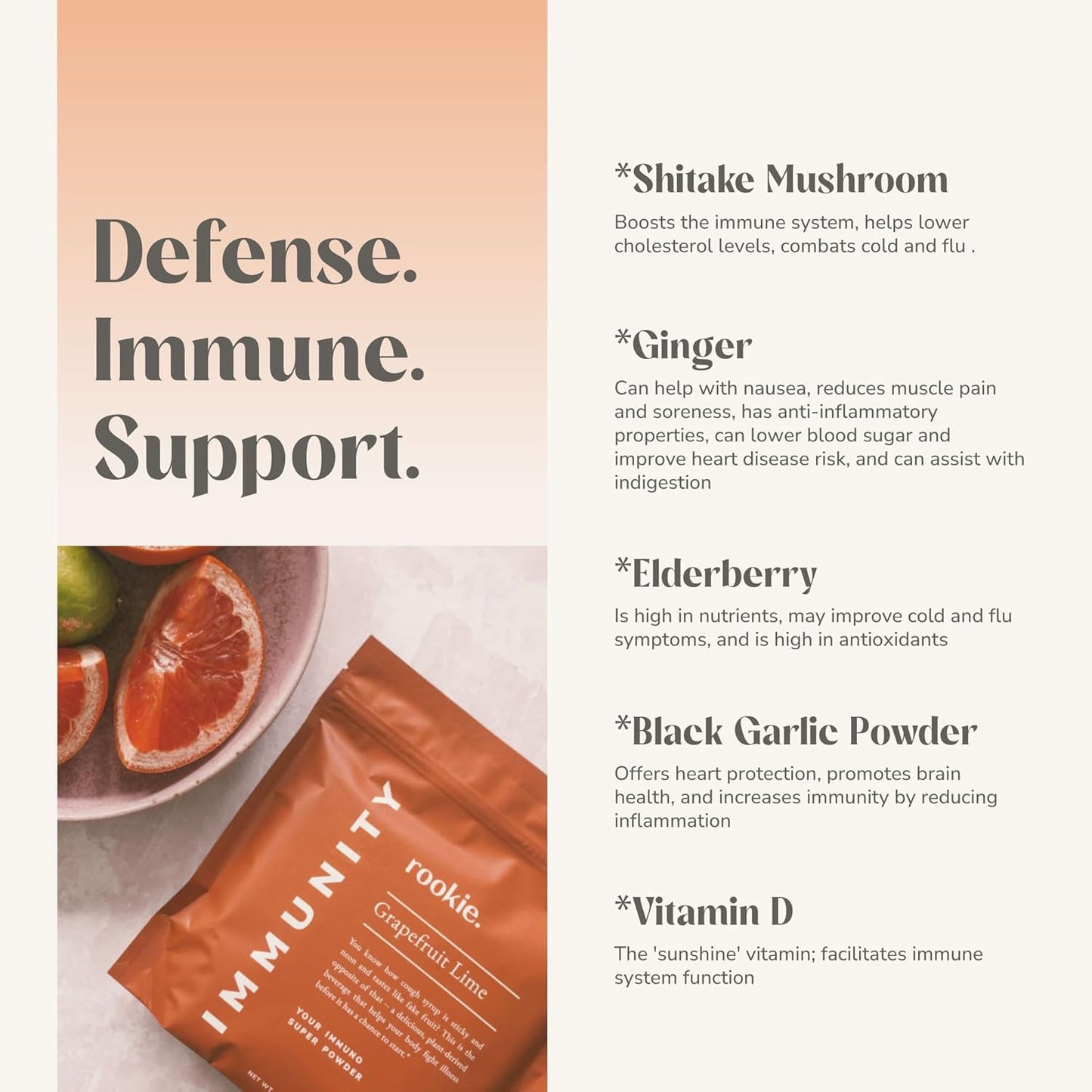 Rookie Wellness Immunity Boost Powder with Vitamin D, Elderberry, Ginger - Grapefruit & Lime Flavor - 30 Servings