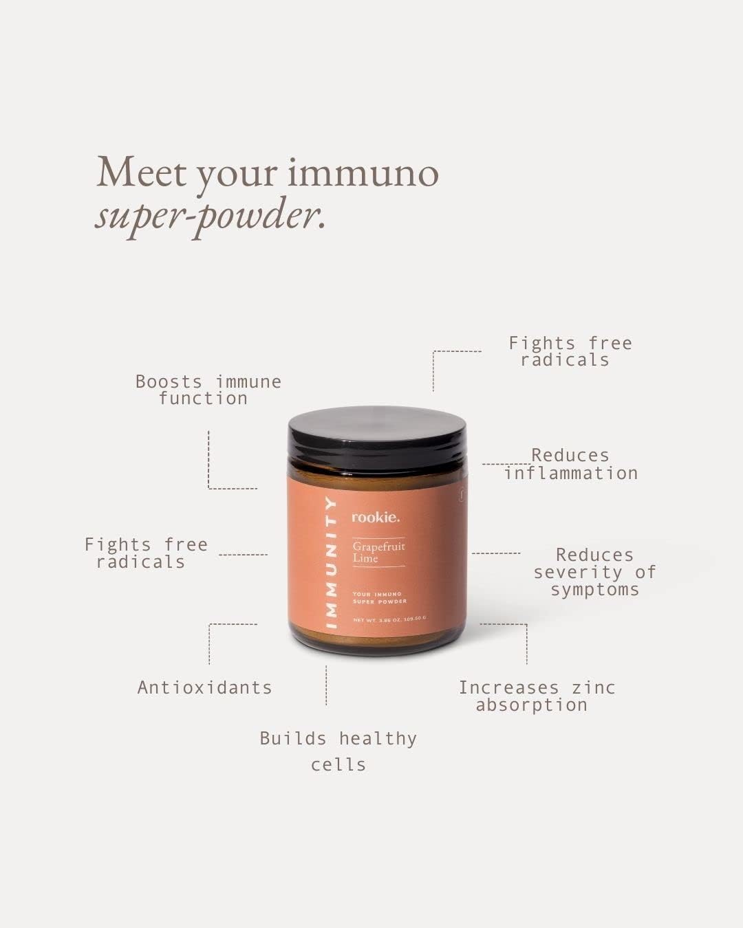 Rookie Wellness Immunity Boost Powder with Vitamin D, Elderberry, Ginger - Grapefruit & Lime Flavor - 30 Servings