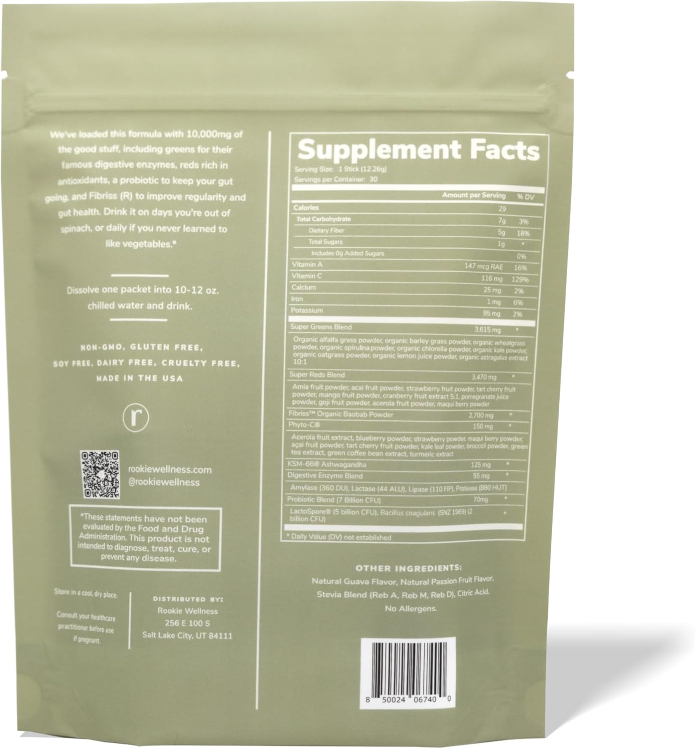 Rookie Wellness LLC Passion Guava Greens Superfood Powder Drink - Gut & Immune Support (30 Servings)