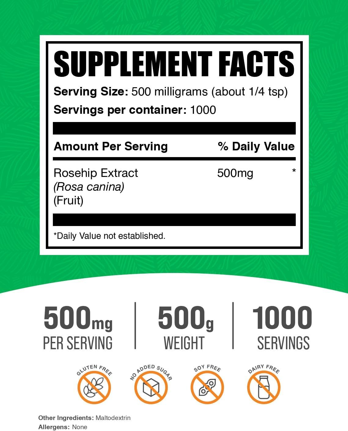 Rosehip Extract Powder - Antioxidant-Rich Herbal Supplement, Gluten-Free, 500mg per Serving - 500g (1.1 lbs) Pack of 1 - BulkSupplements