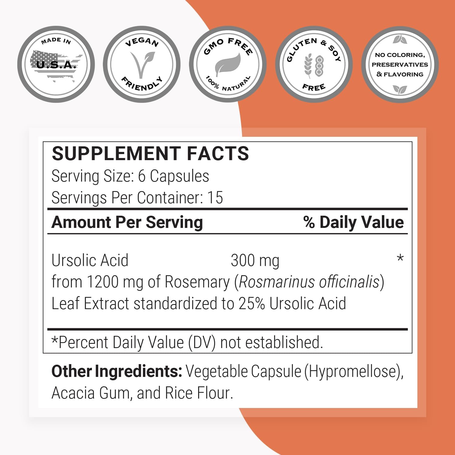 Rosemary Leaf Extract Supplement with 300mg Ursolic Acid Daily - Non-GMO, Gluten Free - 90 Vcaps