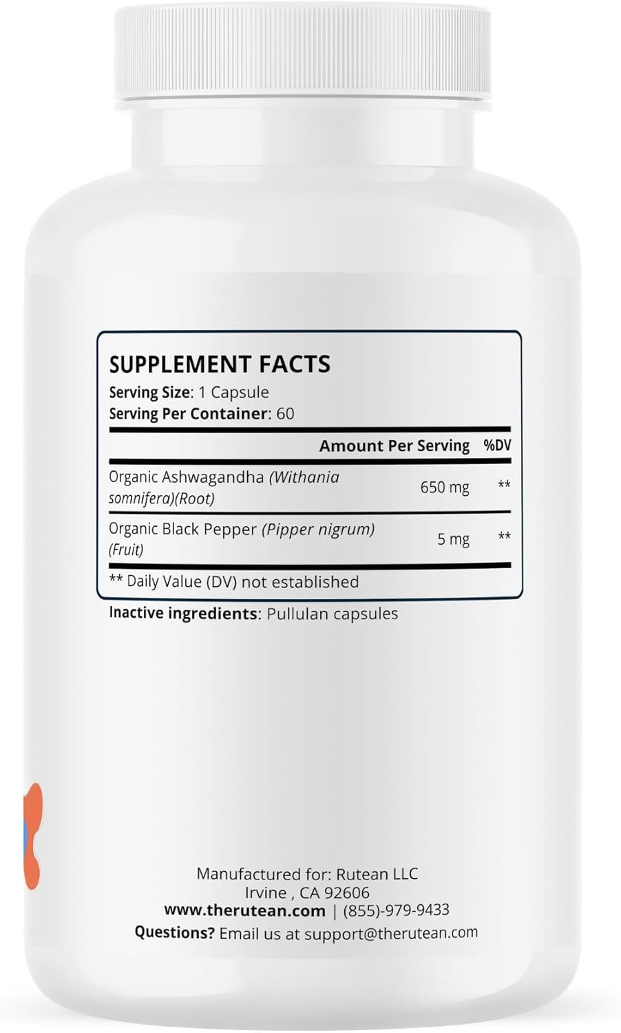 Rütean Ashwagandha Extra Strength Capsules with BioPerine - Non GMO - 60 Count
