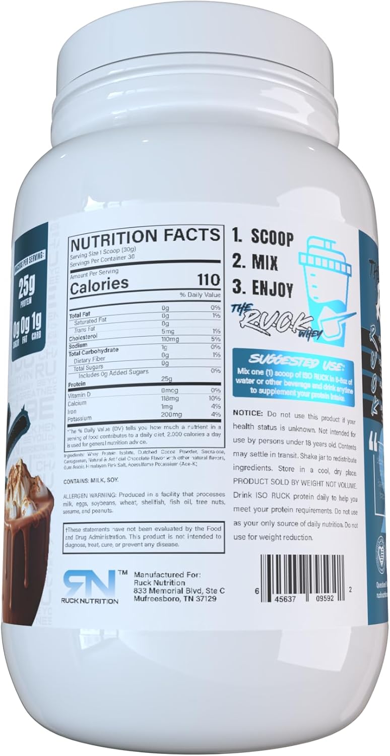 RUCK NUTRITION ISO Protein Powder - Hot Chocolate Flavor | 100% Whey Isolate, 25g Protein, 0g Fat & Sugar | Muscle Recovery & Gourmet Taste (30 Servings)