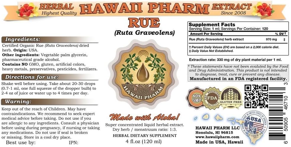 Rue (Ruta graveolens) Liquid Extract Tincture Herbal Supplement 4 fl.oz Made in USA by Hawaii Pharm