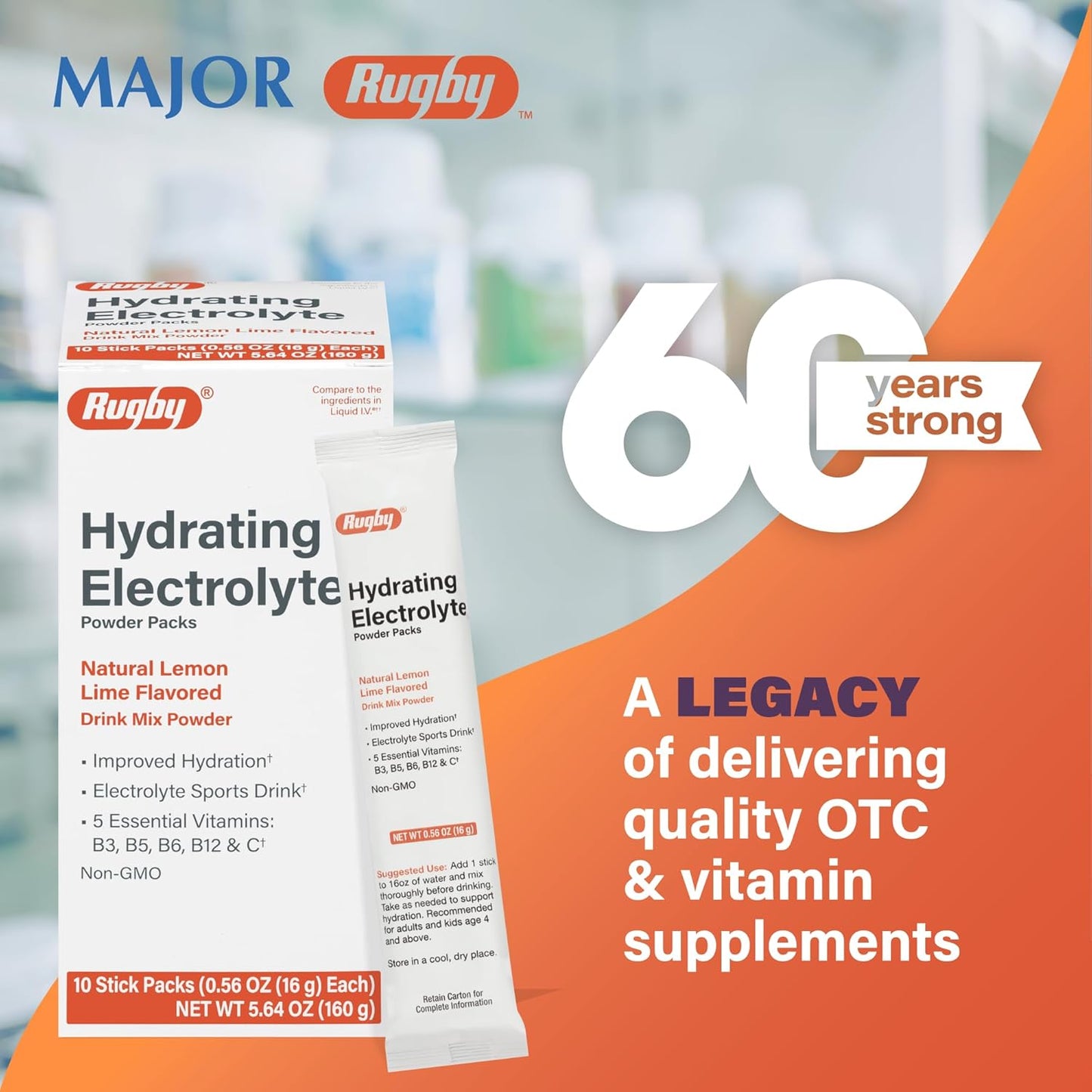RUGBY LABORATORIES Hydrating Electrolyte Powder Packs - Vitamin-Enhanced Drink Mix - Lemon-Lime Flavor - 10 Stick Packs - 0.56 Oz (1 Pack)