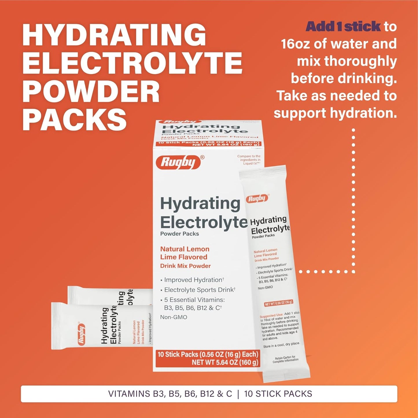 RUGBY LABORATORIES Hydrating Electrolyte Powder Packs - Vitamin-Enhanced Drink Mix - Lemon-Lime Flavor - 10 Stick Packs - 0.56 Oz (1 Pack)