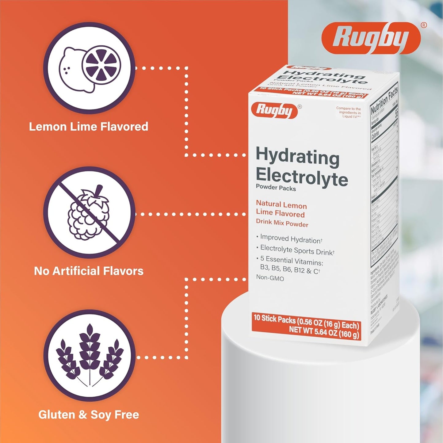RUGBY LABORATORIES Hydrating Electrolyte Powder Packs - Vitamin-Enhanced Drink Mix - Lemon-Lime Flavor - 10 Stick Packs - 0.56 Oz (1 Pack)