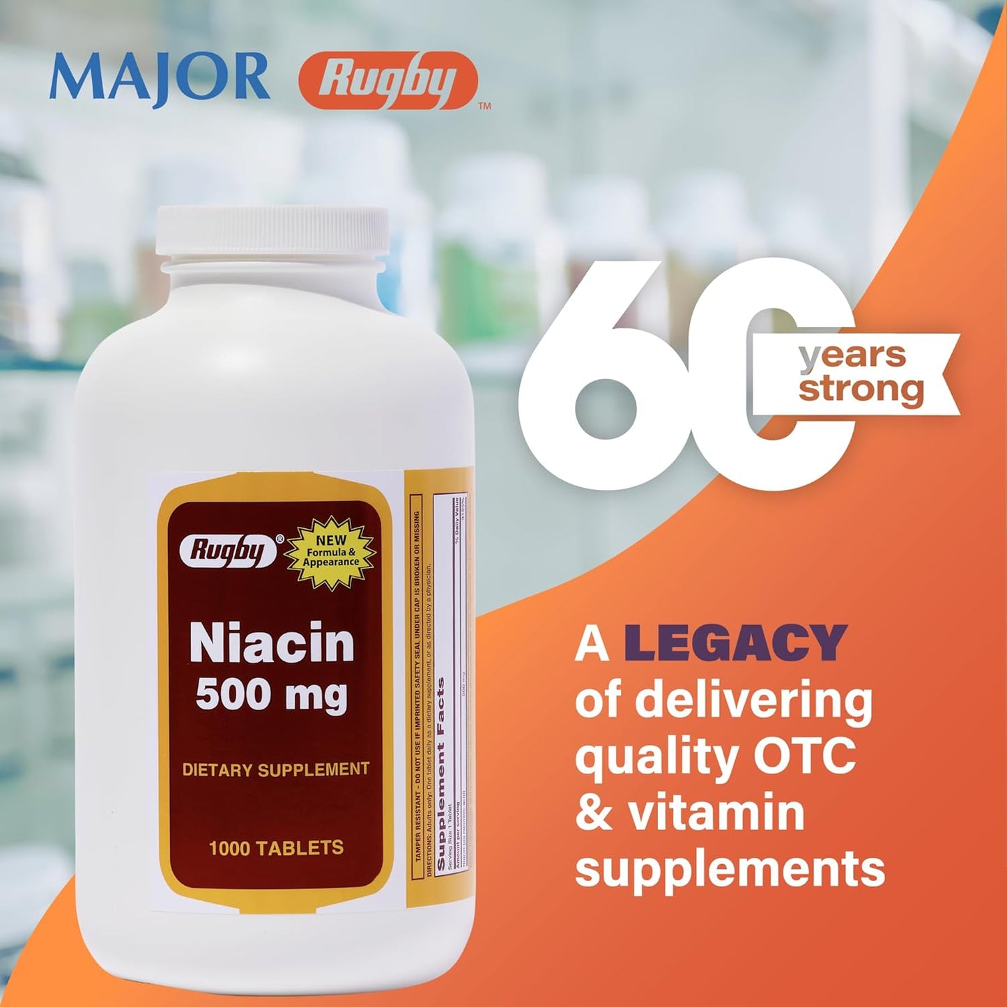 RUGBY LABORATORIES Rugby Niacin 500mg - Vitamin B3 Supplement - 2,000 Tablets for Men and Women, 2-Pack