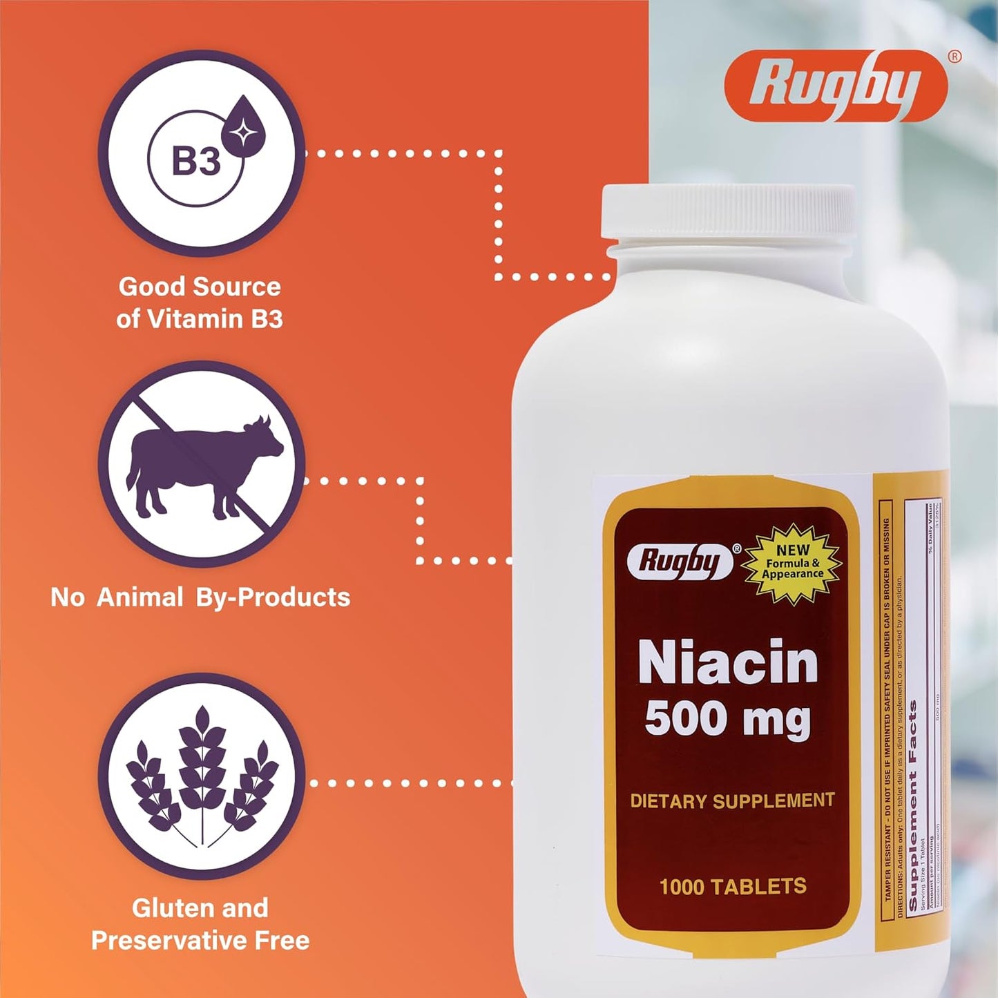 RUGBY LABORATORIES Rugby Niacin 500mg - Vitamin B3 Supplement - 2,000 Tablets for Men and Women, 2-Pack